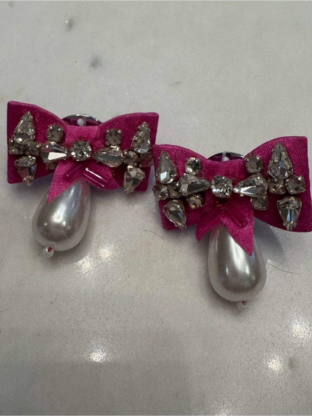 Mignonne Gavigan Fuchsia Bow Earrings with Crystal Clusters and Pearl Drops